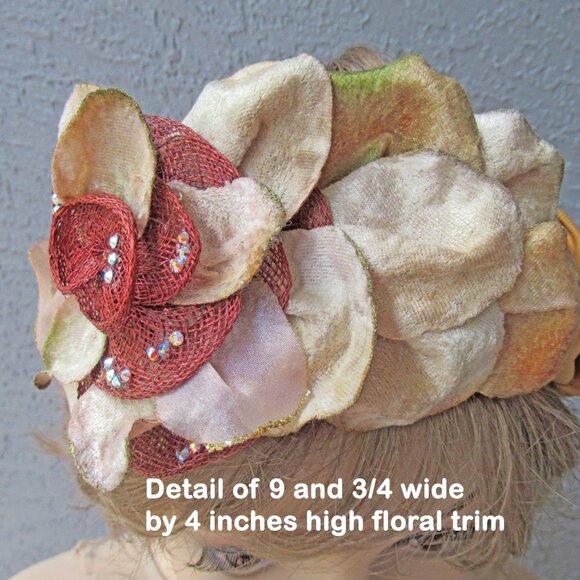 Handmade headband with raffia flower, floral petals & rhinestones, Beige & brown - Picture 9 of 13